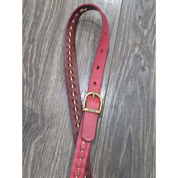 Fossil Leather Belt 31-37 Waist Burgundy Braided Studded Detail Womens Accessory - Picture 1 of 6